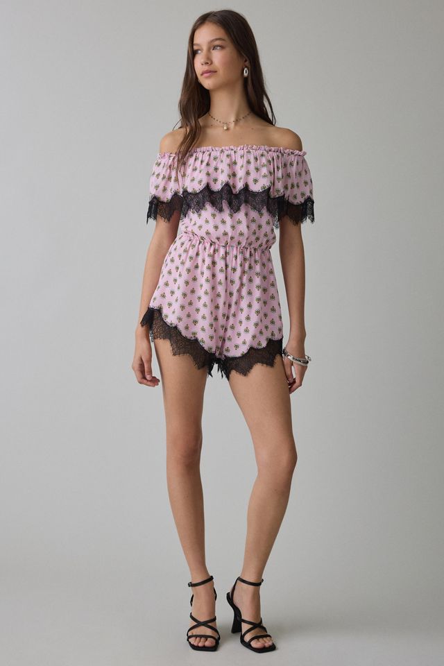 AFRM Emun Lace Trim Ruffle Off-The-Shoulder Romper #4