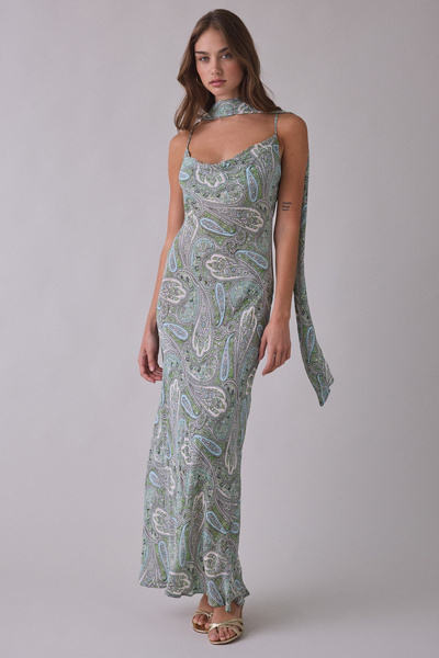 AFRM Cheryl Aqua Paisley Scarf Detail Open-Back Maxi Dress