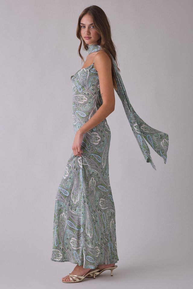 AFRM Cheryl Aqua Paisley Scarf Detail Open-Back Maxi Dress #1