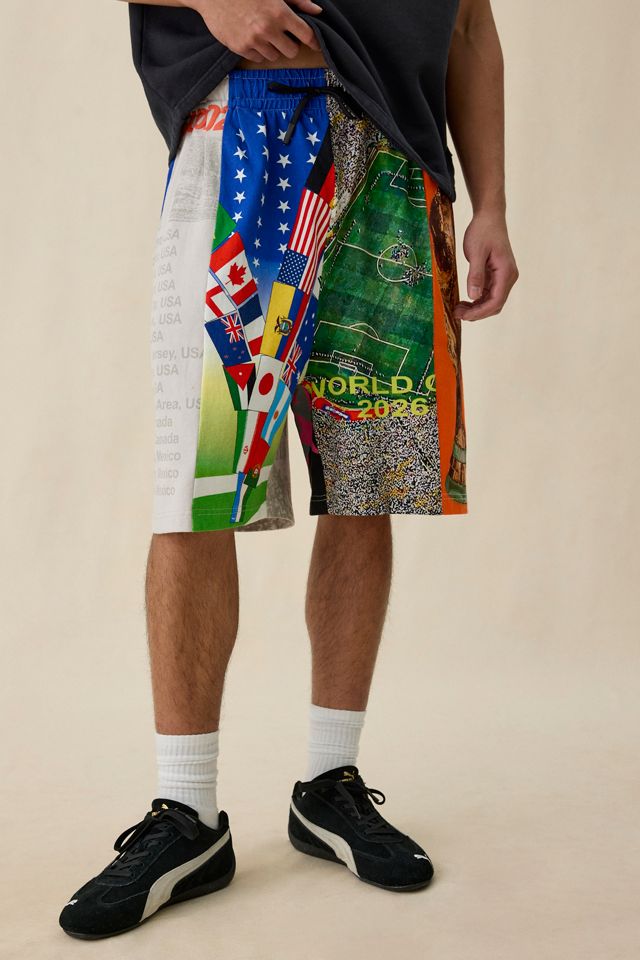 PLEASURES Soccer Flag Pattern Paneled Wide Leg Shorts #1