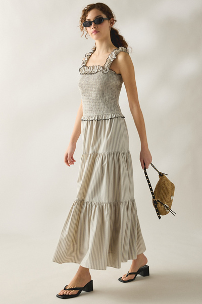 Daisy Street Lotus Ruffle Trim Smocked Maxi Dress