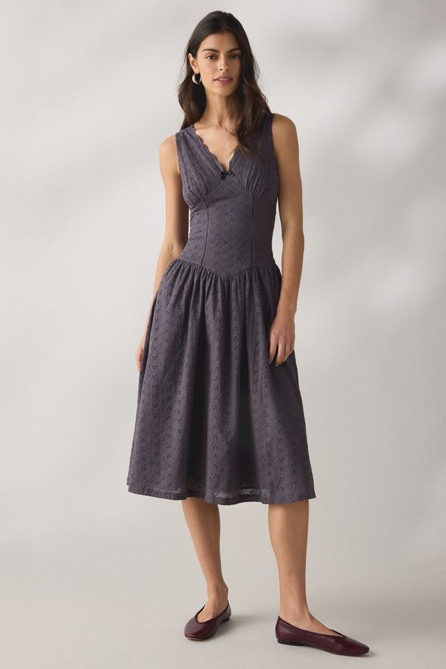 Daisy Street Fern Eyelet Lace Milkmaid Midi Dress | Urban Outfitters