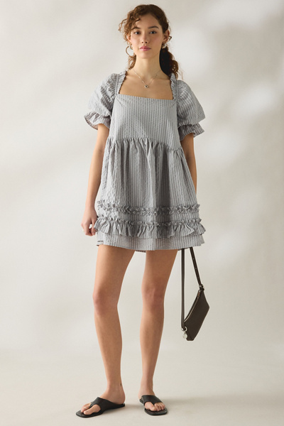 Daisy Street Seersucker Cotton Puff Sleeve Mini Dress | Urban