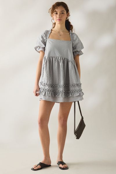 white dress with blue floral Aminah Puff Sleeve Dress
