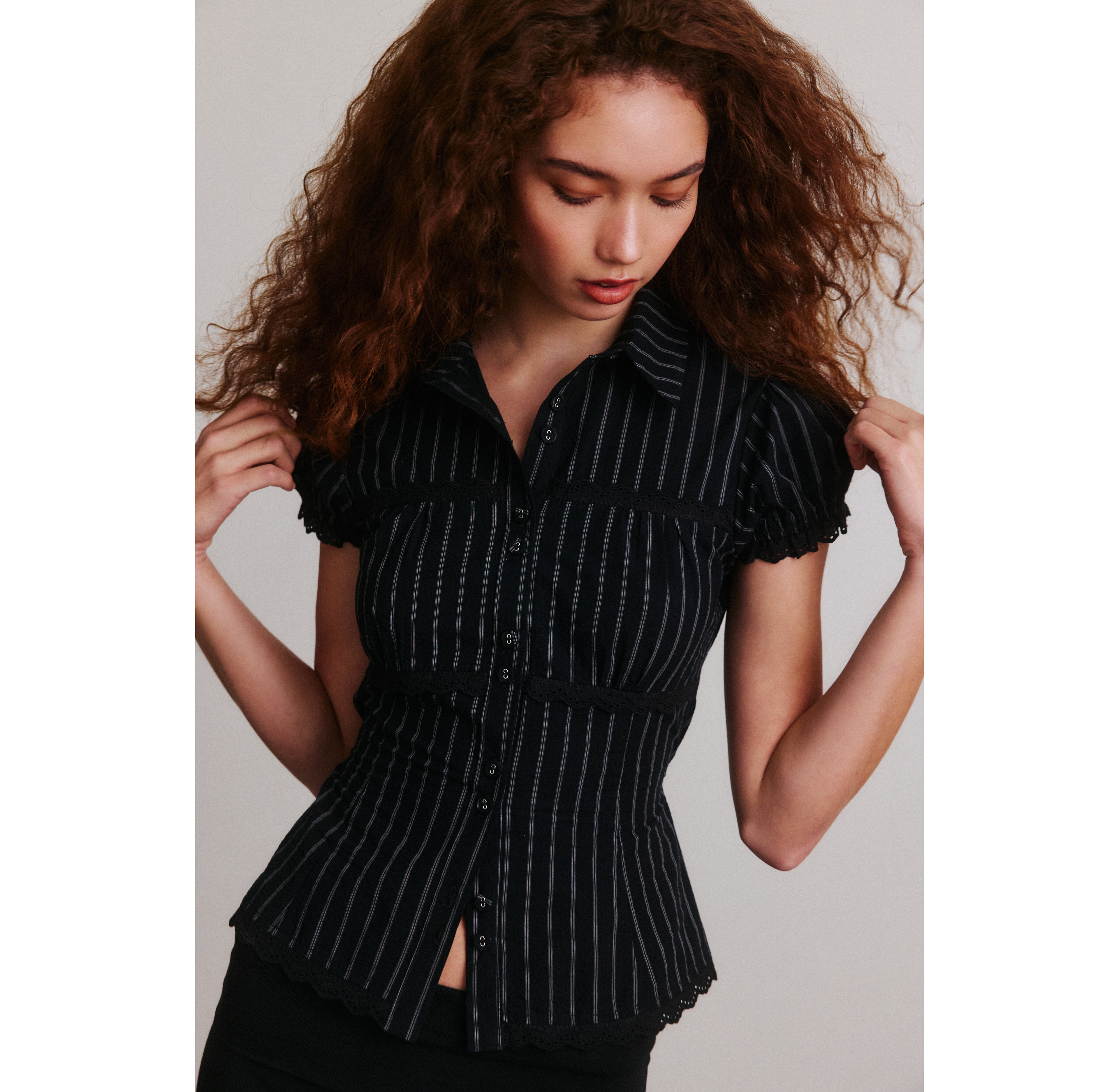 BDG Carolyn Lace Trim Puff Sleeve Button-Down Shirt