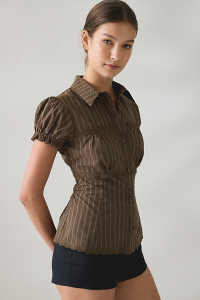 BDG Carolyn Lace Trim Puff Sleeve Button-Down Shirt