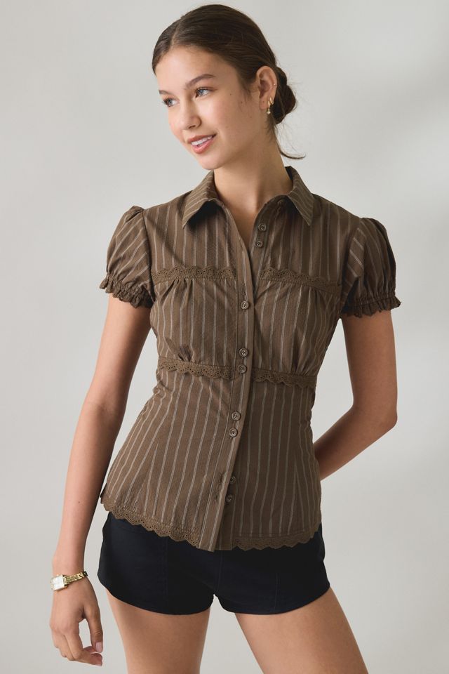 BDG Carolyn Lace Trim Puff Sleeve Button-Down Shirt #1