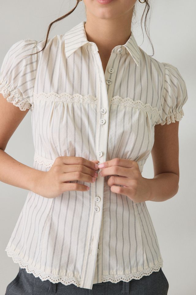 BDG Carolyn Lace Trim Puff Sleeve Button-Down Shirt #1