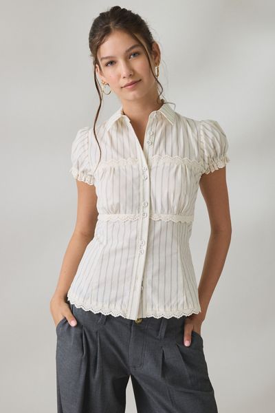 BDG Carolyn Lace Trim Puff Sleeve Button-Down Shirt