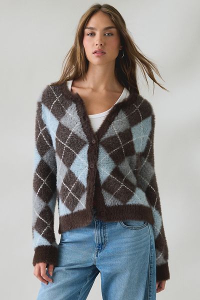 BDG Kennedy Argyle Fuzzy Knit Oversized Cardigan