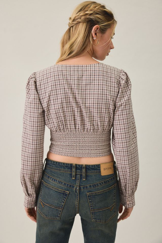 BDG Sally Cropped V-Neck Long Sleeve Smocked Blouse #1