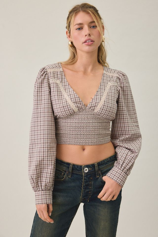 BDG Sally Cropped V-Neck Long Sleeve Smocked Blouse #2