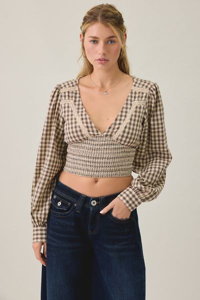 BDG Sally Cropped V-Neck Long Sleeve Smocked Blouse