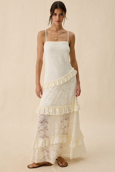 Kimchi Blue Stardust Petals Asymmetric Ruffle Lace Maxi Dress in Ivory, Women's at Urban Outfitters