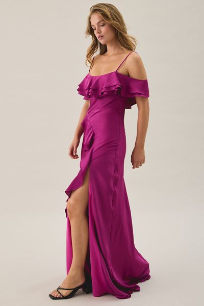 Lulus Aviva Berry Asymmetric Ruffle Off-The-Shoulder Maxi Dress