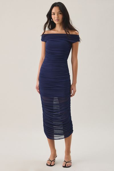 Lulus Claudia Ruched Off-The-Shoulder Mesh Midi Dress
