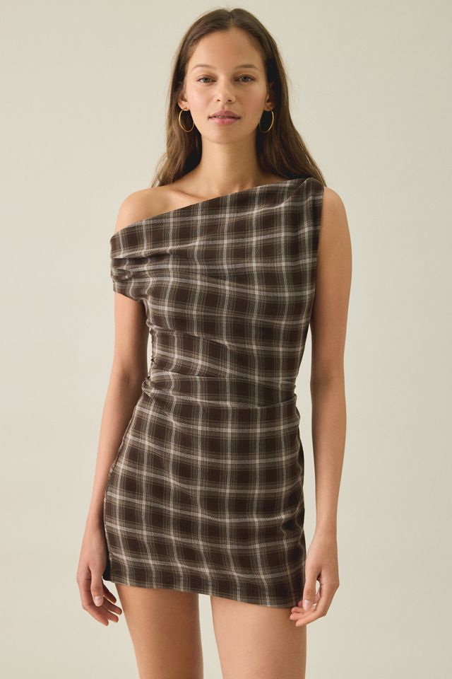 BDG Checked Out Draped Asymmetric Off-The-Shoulder Mini Dress #1