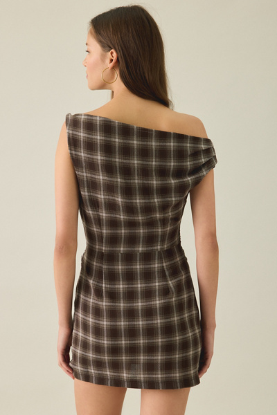 BDG Checked Out Draped Asymmetric Off-The-Shoulder Mini Dress