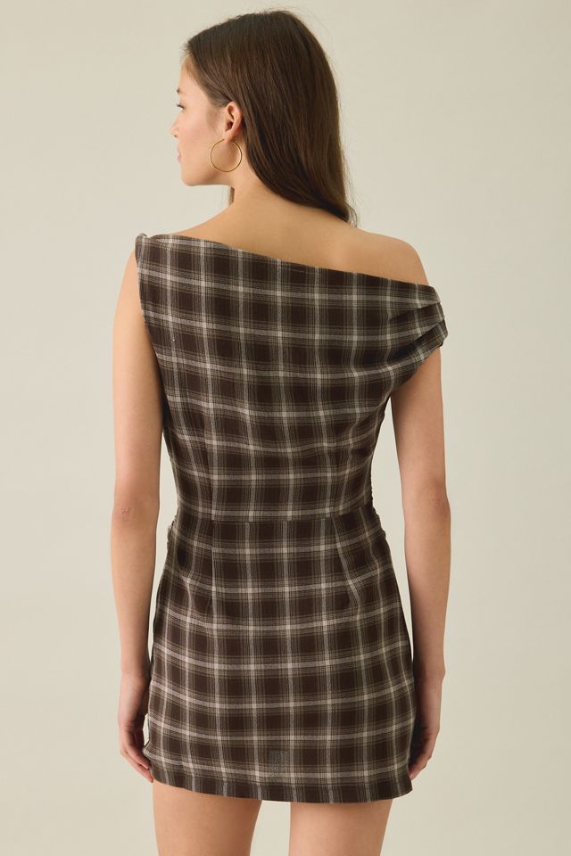 BDG Checked Out Draped Asymmetric Off-The-Shoulder Mini Dress #4