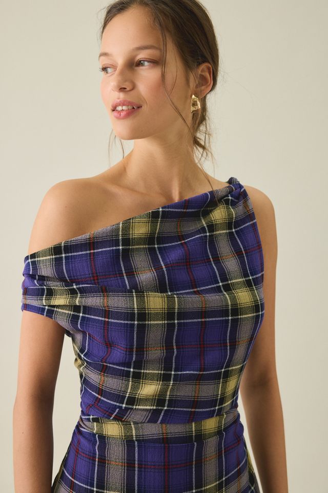 BDG Checked Out Draped Asymmetric Off-The-Shoulder Mini Dress #1