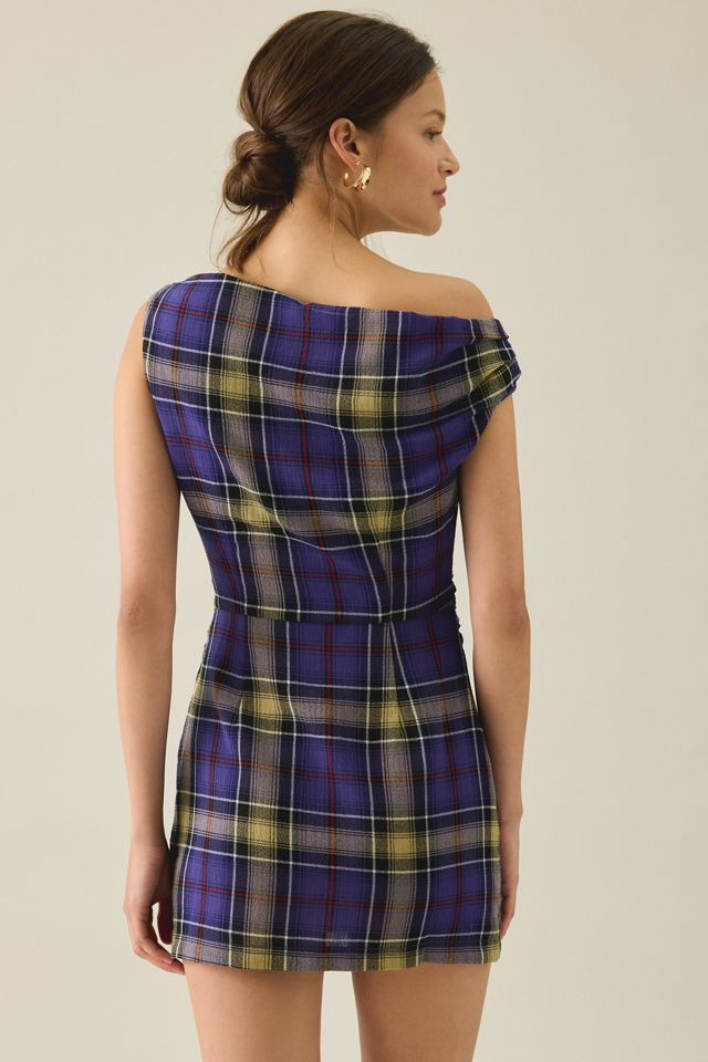 BDG Checked Out Draped Asymmetric Off-The-Shoulder Mini Dress #3
