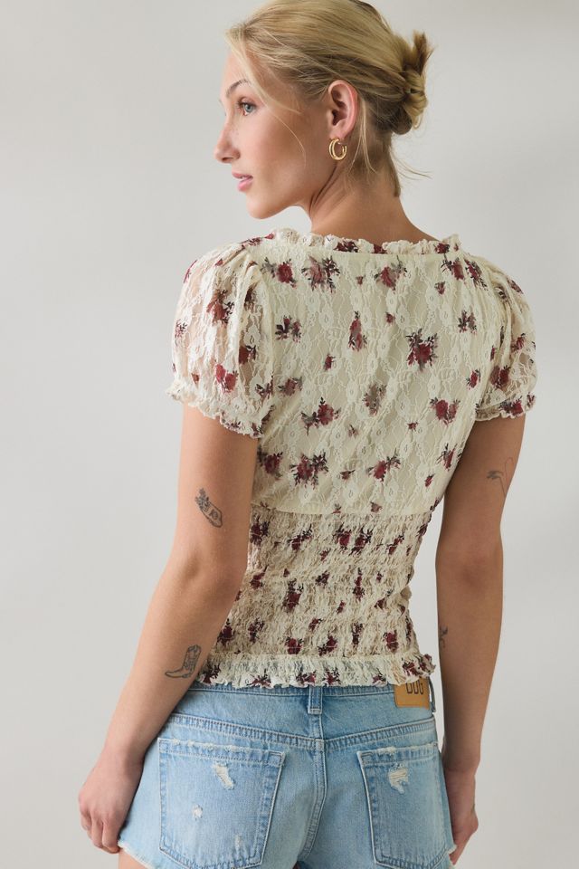 BDG Flora Lace Smocked Square Neck Milkmaid Blouse #3