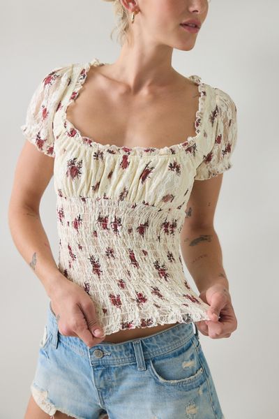 BDG Flora Lace Smocked Square Neck Milkmaid Blouse