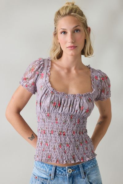 BDG Flora Lace Smocked Square Neck Milkmaid Blouse