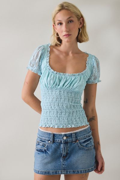 BDG Flora Lace Smocked Square Neck Milkmaid Blouse