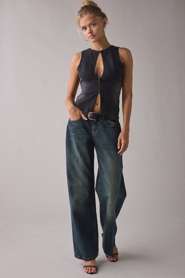 UO Nicola Plunging Keyhole Cutout Zip-Front Denim Vest Top #3