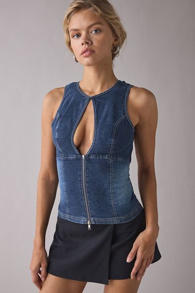 UO Nicola Plunging Keyhole Cutout Zip-Front Denim Vest Top