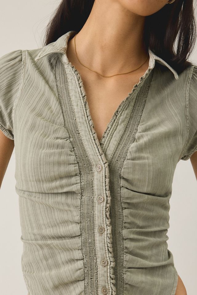 UO Brynn Textured Puff Sleeve Button-Down Shirt #1