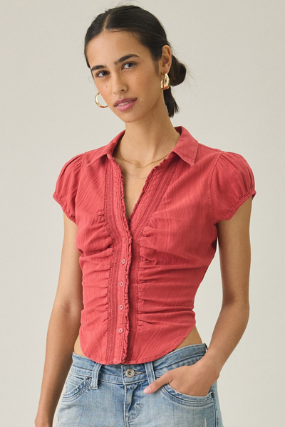 UO Brynn Textured Puff Sleeve Button-Down Shirt
