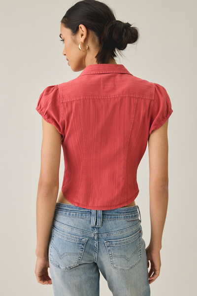 UO Brynn Textured Puff Sleeve Button-Down Shirt