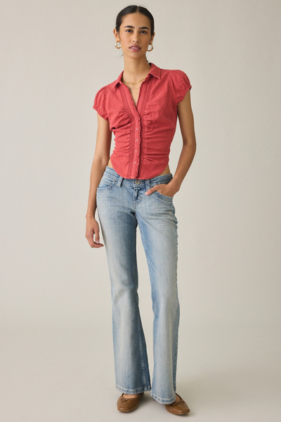UO Brynn Textured Puff Sleeve Button-Down Shirt