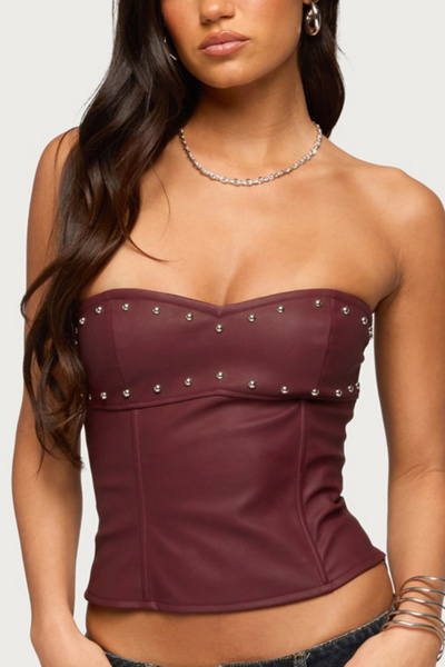 Edikted Izara Studded Faux Leather Corset In Burgundy, Women's At Urban Outfitters