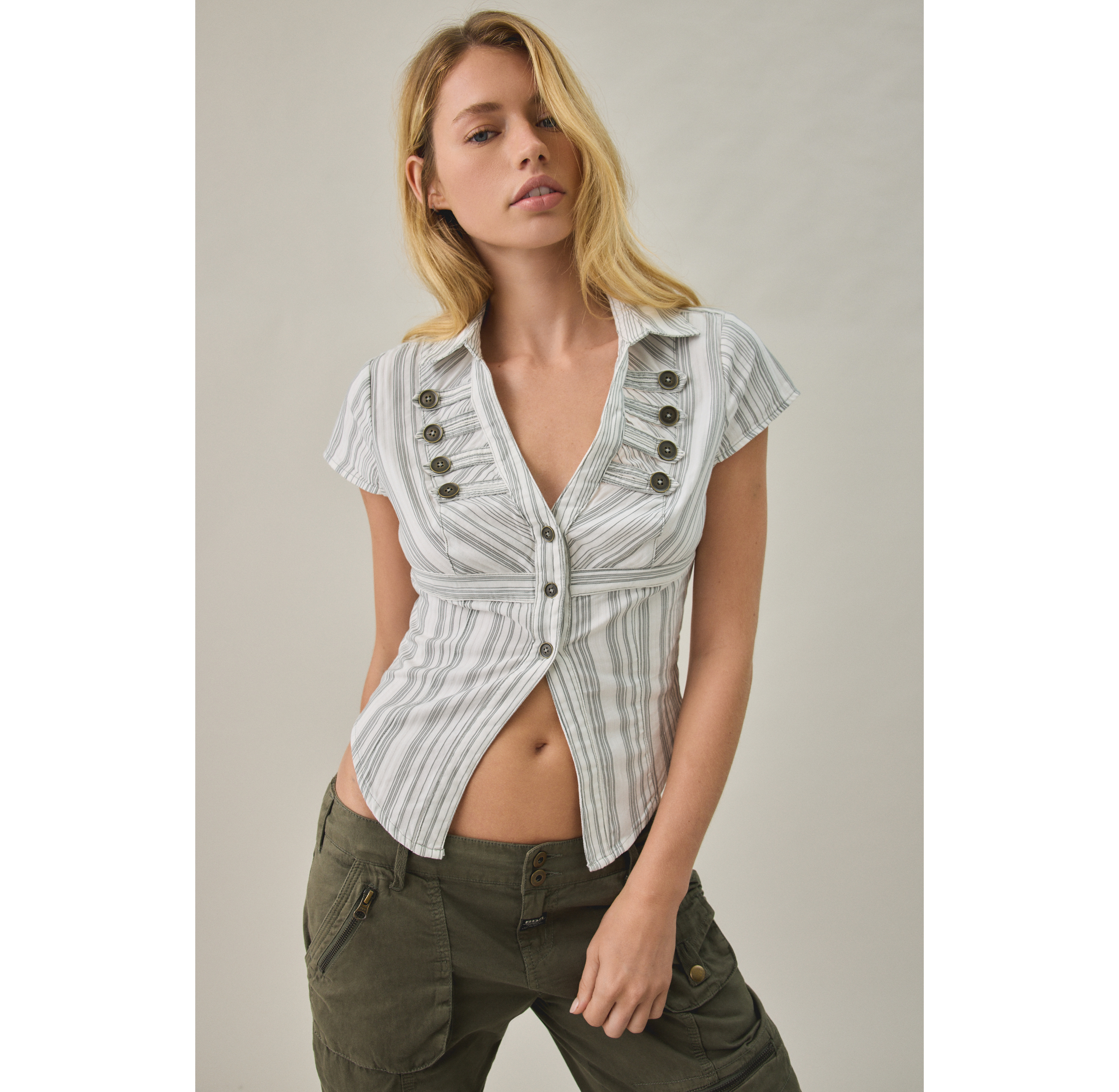 BDG Maeve Short Sleeve Band Button-Down Shirt