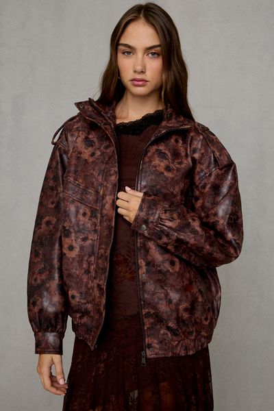 Azalea Wang Narelle Floral Faux Leather Oversized Bomber Jacket