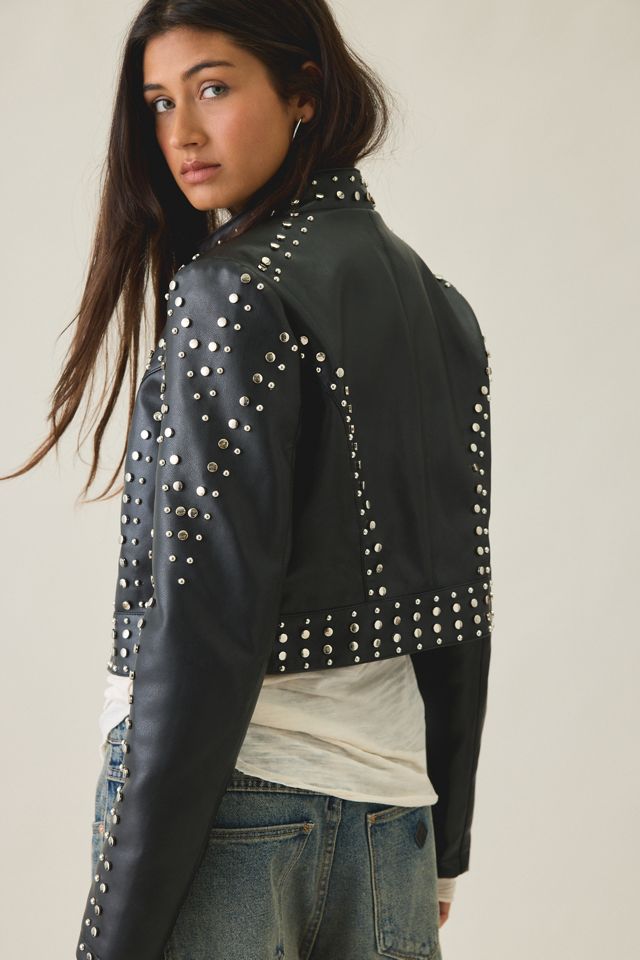 Azalea Wang Silvis Crystal Embellished Faux Leather Moto Jacket #1