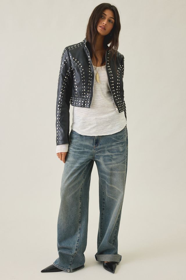 Azalea Wang Silvis Crystal Embellished Faux Leather Moto Jacket #3
