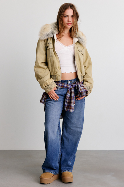 Azalea Wang Evra Faux Fur Collar Denim Bomber Jacket