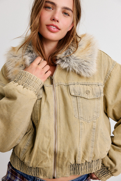 Azalea Wang Evra Faux Fur Collar Denim Bomber Jacket