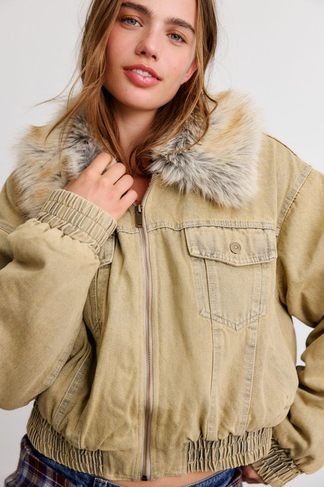 Azalea Wang Evra Faux Fur Collar Denim Bomber Jacket #2