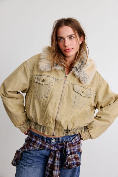 Azalea Wang Evra Faux Fur Collar Denim Bomber Jacket