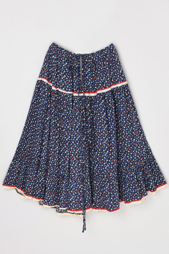 Vintage 70s Handmade Tiered Printed Midi Skirt with Tie #4