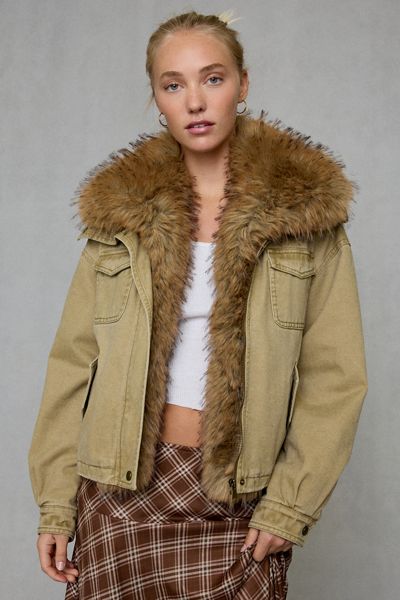 Azalea Wang UO Exclusive Reverie Faux Fur Trim Funnel Neck Jacket