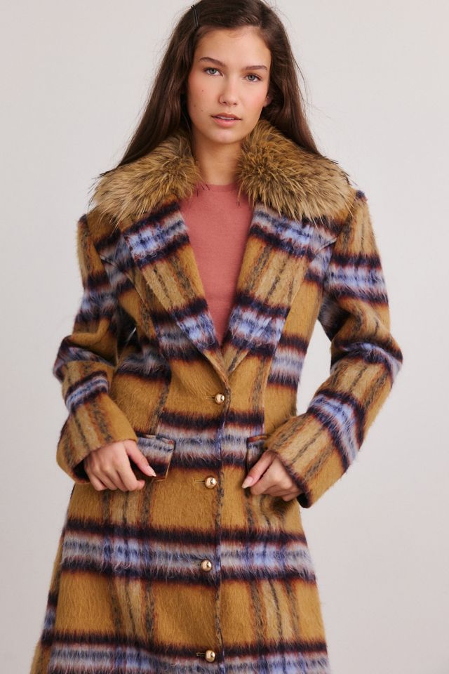 Azalea Wang Talora Faux Fur Trim Plaid Trench Coat #1