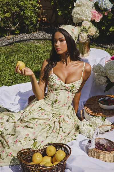 Miss Circle Jacinda Floral Ruched Linen Midi Dress