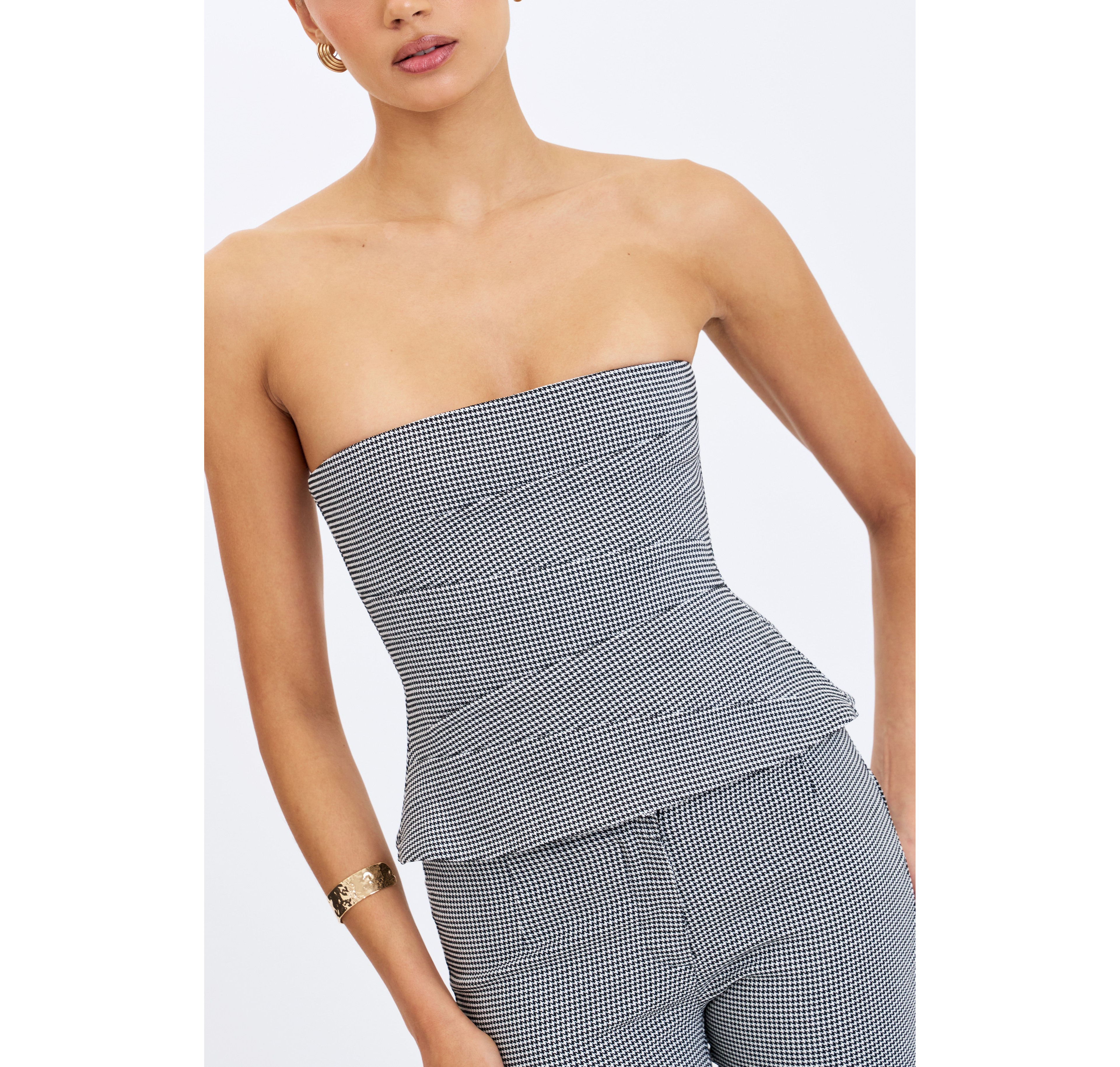 Miss Circle Ulla Houndstooth Strapless Peplum Top