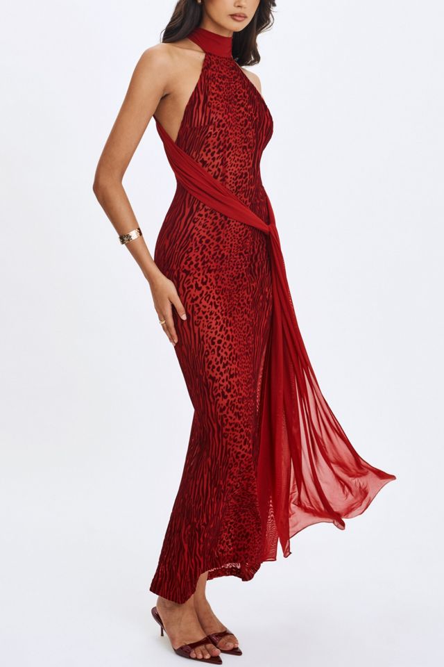 Miss Circle Cerise Burnout Velvet High Neck Maxi Dress #1